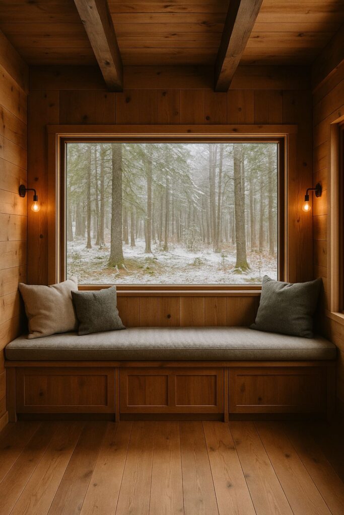 A wooden cabin interior with a long bench built under a wide window showing snowy trees, lined with wool cushions and a throw blanket for a cosy reading nook.