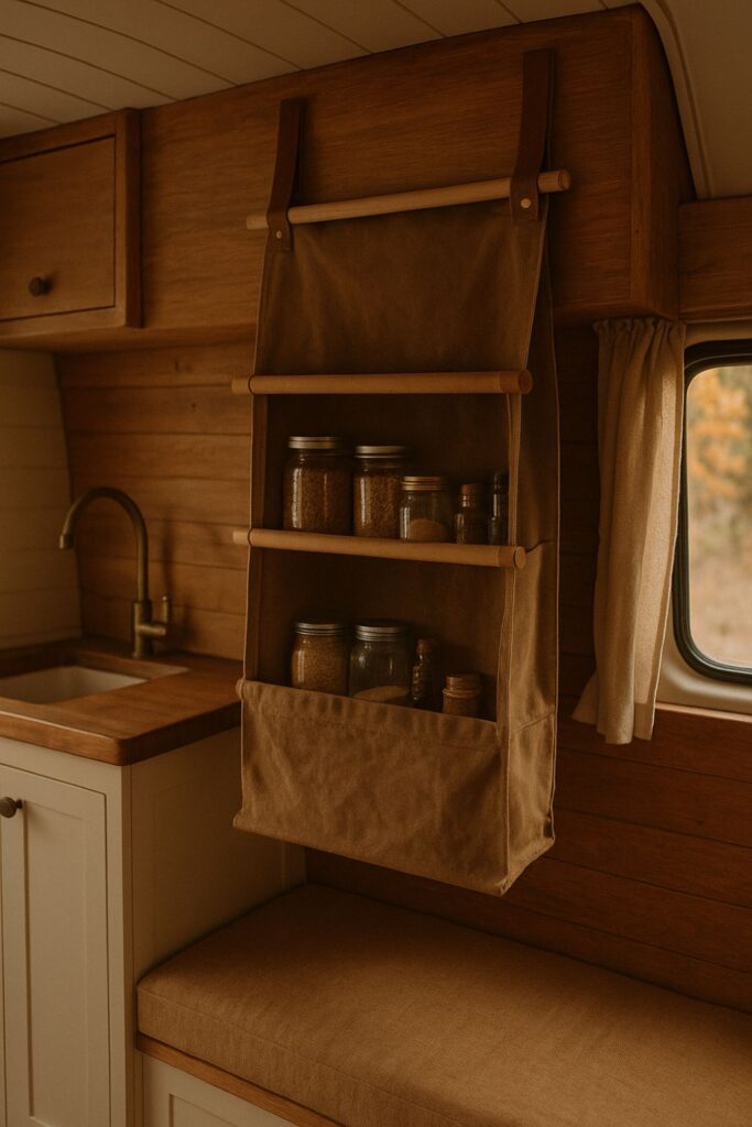 A camper van kitchen with a roll-down canvas pantry hanging from wooden dowels, revealing shelves of kitchen supplies beside pale cabinetry.