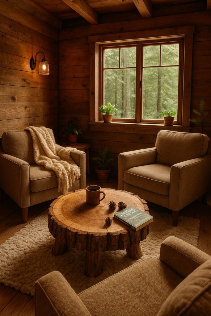 A rustic off-grid cabin living room with a round tree trunk coffee table showing natural bark, surrounded by cushioned chairs, a soft knit throw, potted plants, and a window looking out onto a green forest.