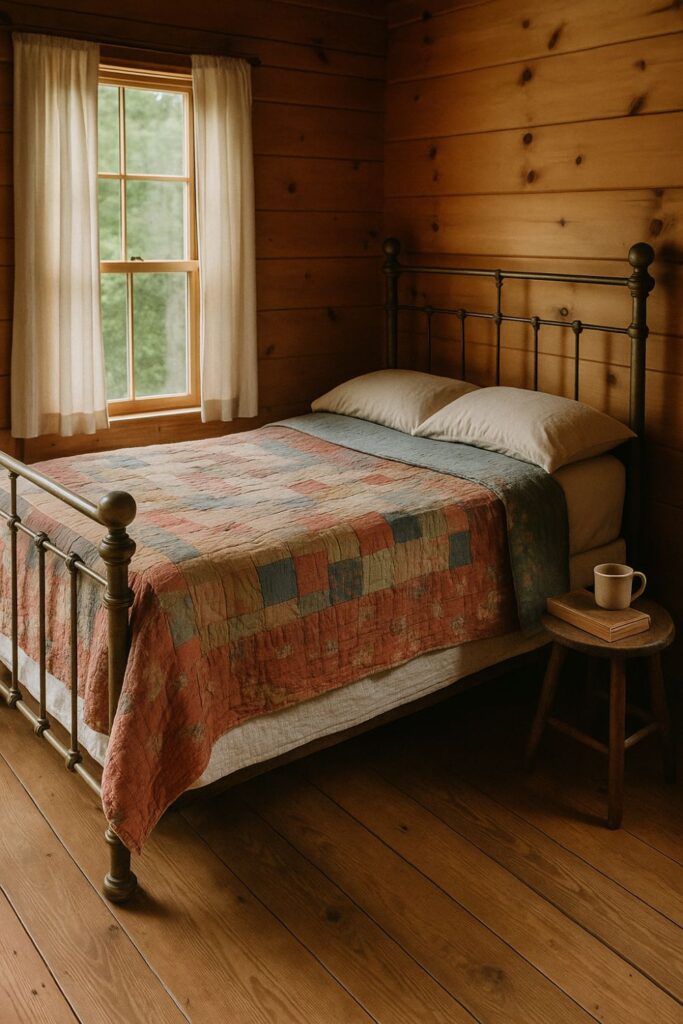 A rustic cabin bedroom with a vintage brass bed frame, layered with sun-faded patchwork quilts in soft red and blue tones, beside a window with off-white curtains and a wooden stool holding a ceramic mug and book.