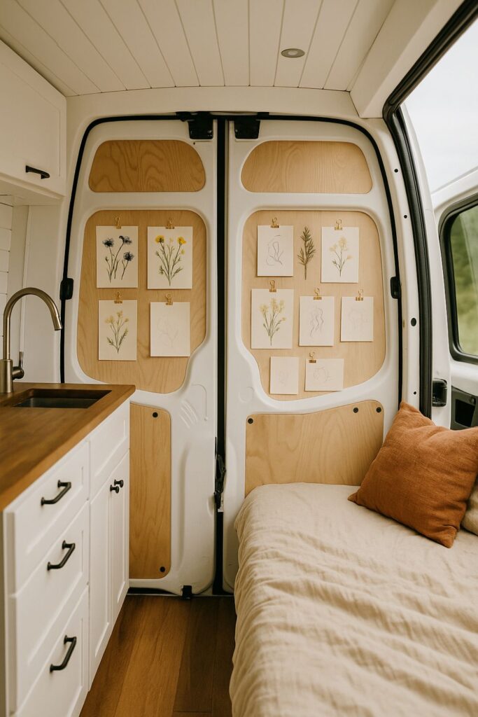 The open back doors of a camper van showing pressed flowers, postcards, and drawings pinned to the interior panels, with a bed just in front.