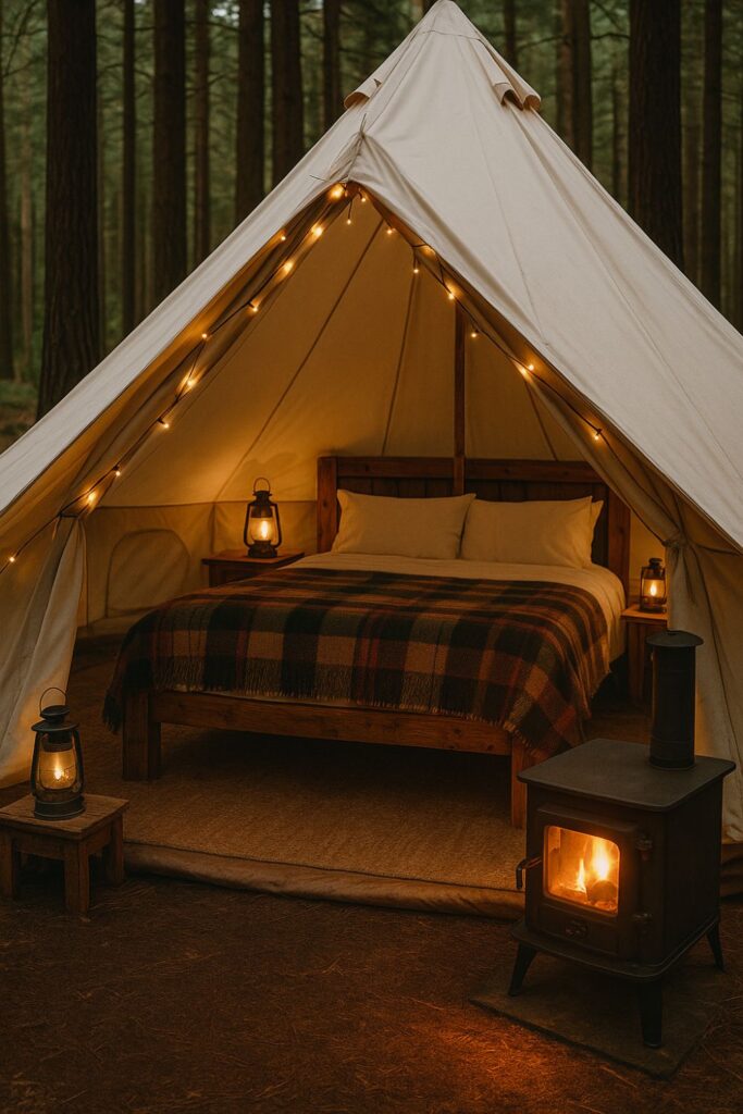 A canvas glamping tent in the woods with a glowing wood stove, woollen blankets on the bed, and fairy lights strung above. A rustic and inviting setup surrounded by trees.