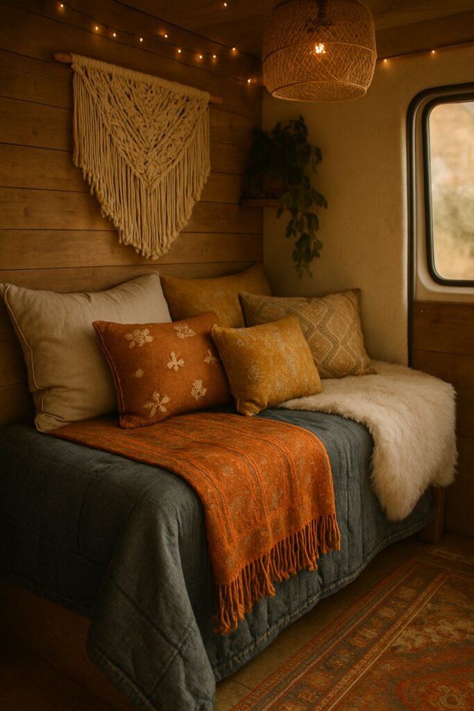 A warm, inviting camper van interior with layered textiles, including a Moroccan blanket, denim quilt, embroidered cushions, and a soft sheepskin throw, set against wooden walls with a macramé hanging and ambient fairy lights.
