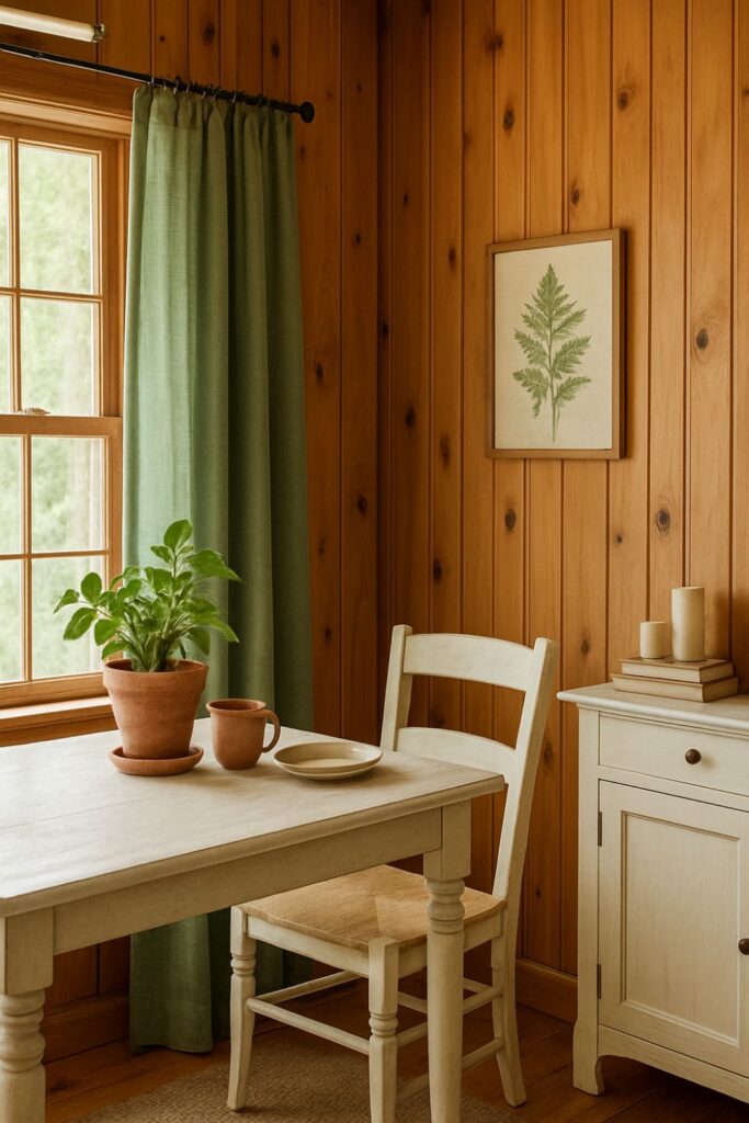 “A rustic cabin dining nook with knotty pine walls, sage green curtains, a cream-painted table, terracotta pottery, and a botanical print on the wall.”
