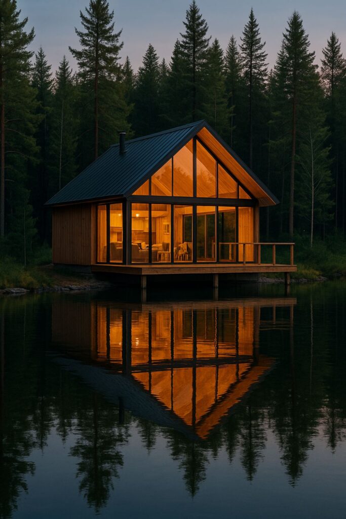 A modern glass-front cabin with floor-to-ceiling windows and a timber frame, reflecting golden light onto a calm lake at dusk, surrounded by tall evergreens.