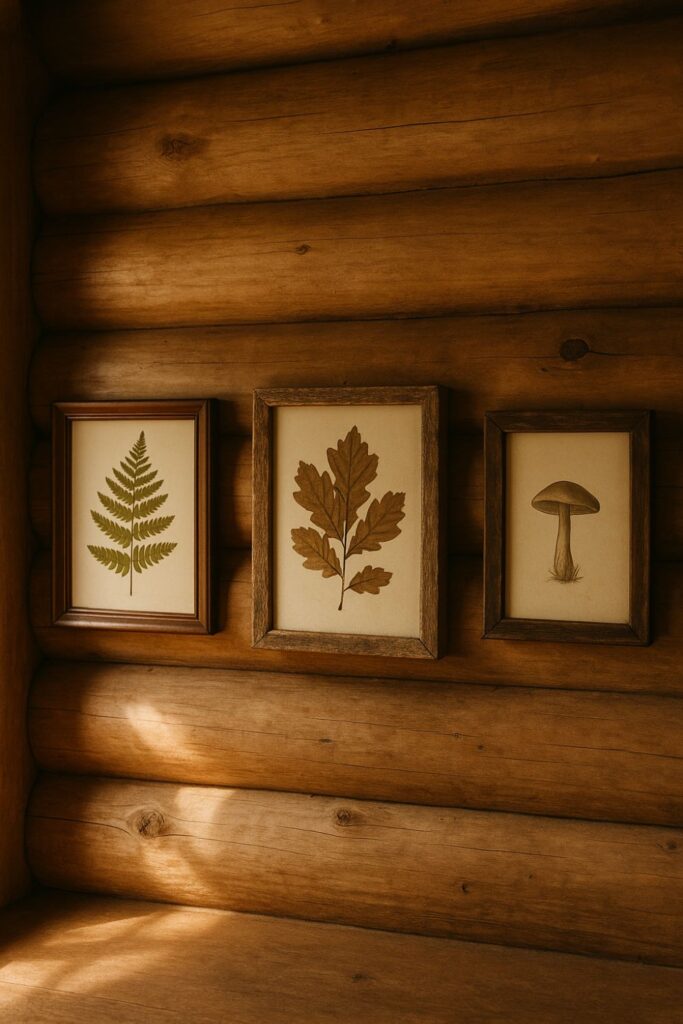 Rustic log cabin interior with framed vintage botanical prints of ferns and mushrooms, hanging on log walls in daylight.