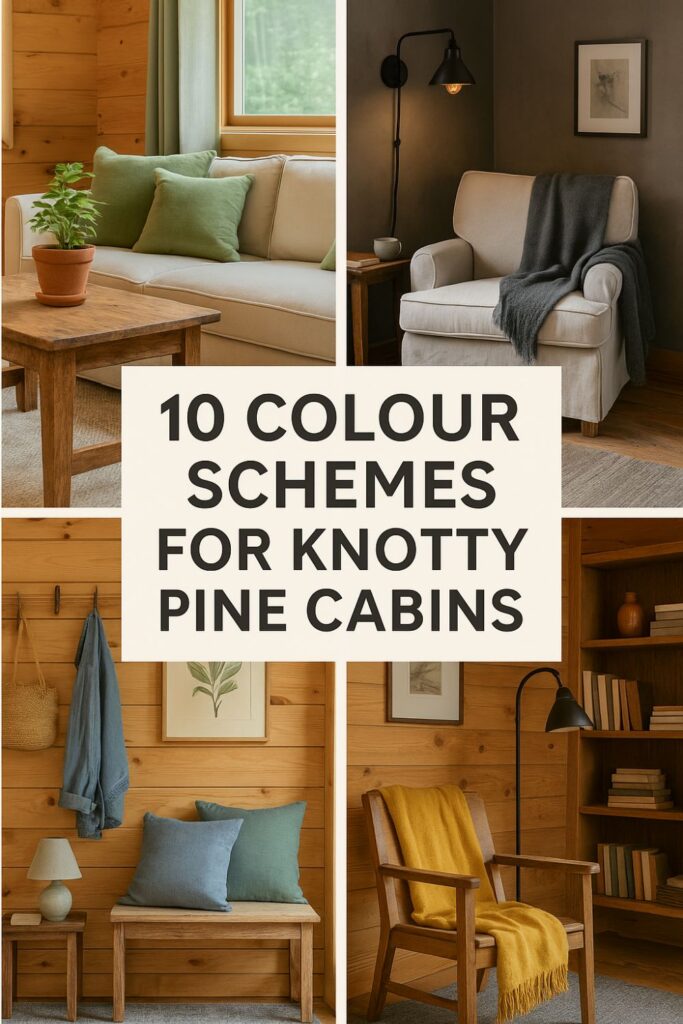 “A Pinterest collage pin featuring four rustic cabin interiors with knotty pine walls. One shows a cream sofa with sage cushions, another a linen armchair with a charcoal throw, another a bench with dusty blue and green cushions, and another a wooden chair with a mustard yellow throw. Text overlay reads ‘10 Colour Schemes for Knotty Pine Cabins.’”