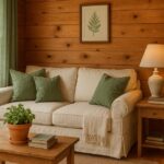 “A rustic cabin living room with knotty pine walls, a cream sofa with green cushions, sage curtains, a wooden coffee table with a terracotta planter, and natural light streaming through a wide window.
