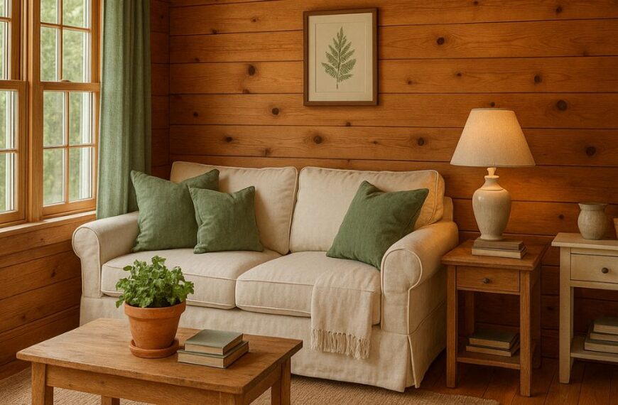 “A rustic cabin living room with knotty pine walls, a cream sofa with green cushions, sage curtains, a wooden coffee table with a terracotta planter, and natural light streaming through a wide window.