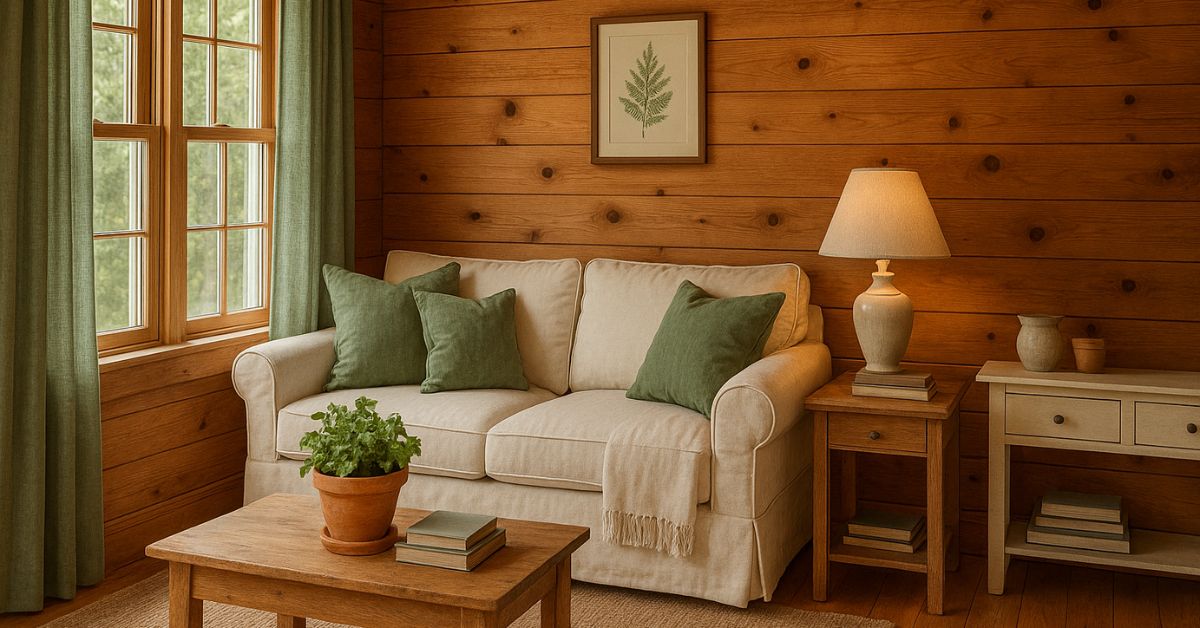 “A rustic cabin living room with knotty pine walls, a cream sofa with green cushions, sage curtains, a wooden coffee table with a terracotta planter, and natural light streaming through a wide window.
