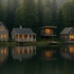 A row of small, uniquely designed lake houses sits along a calm, reflective lake at dusk. Warm interior lights glow through large windows, while surrounding pine and birch trees rise against a misty hillside. The still water mirrors the cabins and forest, creating a serene, picturesque scene.