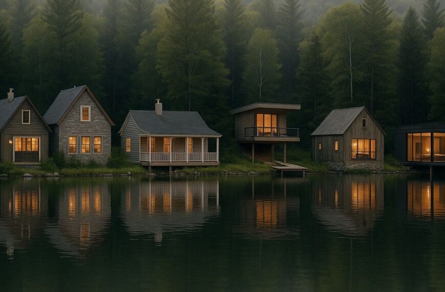 A row of small, uniquely designed lake houses sits along a calm, reflective lake at dusk. Warm interior lights glow through large windows, while surrounding pine and birch trees rise against a misty hillside. The still water mirrors the cabins and forest, creating a serene, picturesque scene.
