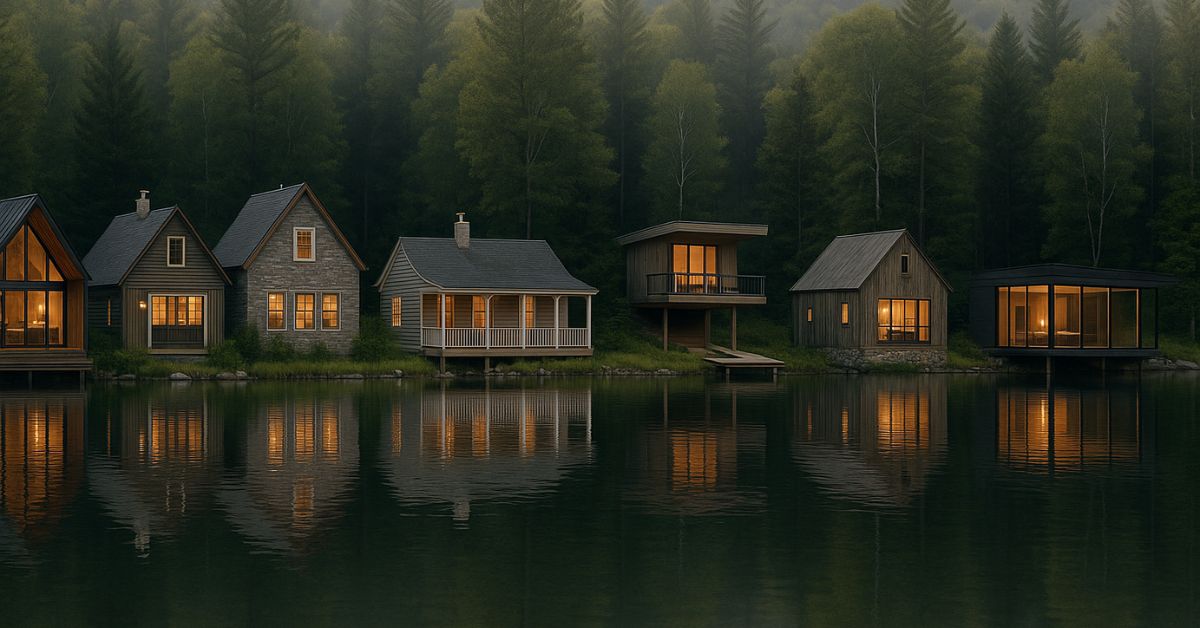 A row of small, uniquely designed lake houses sits along a calm, reflective lake at dusk. Warm interior lights glow through large windows, while surrounding pine and birch trees rise against a misty hillside. The still water mirrors the cabins and forest, creating a serene, picturesque scene.