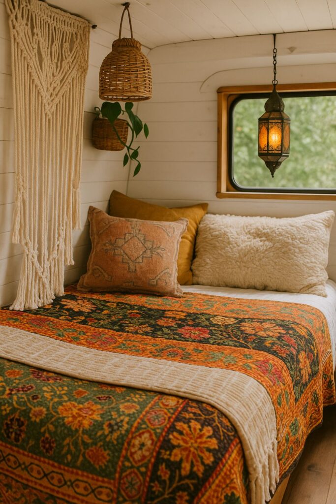 A boho camper van interior with a bed layered in a vibrant kantha quilt, textured cushions, a hanging Moroccan lantern, and woven pendant lights, set against white wooden walls with a macramé wall hanging.