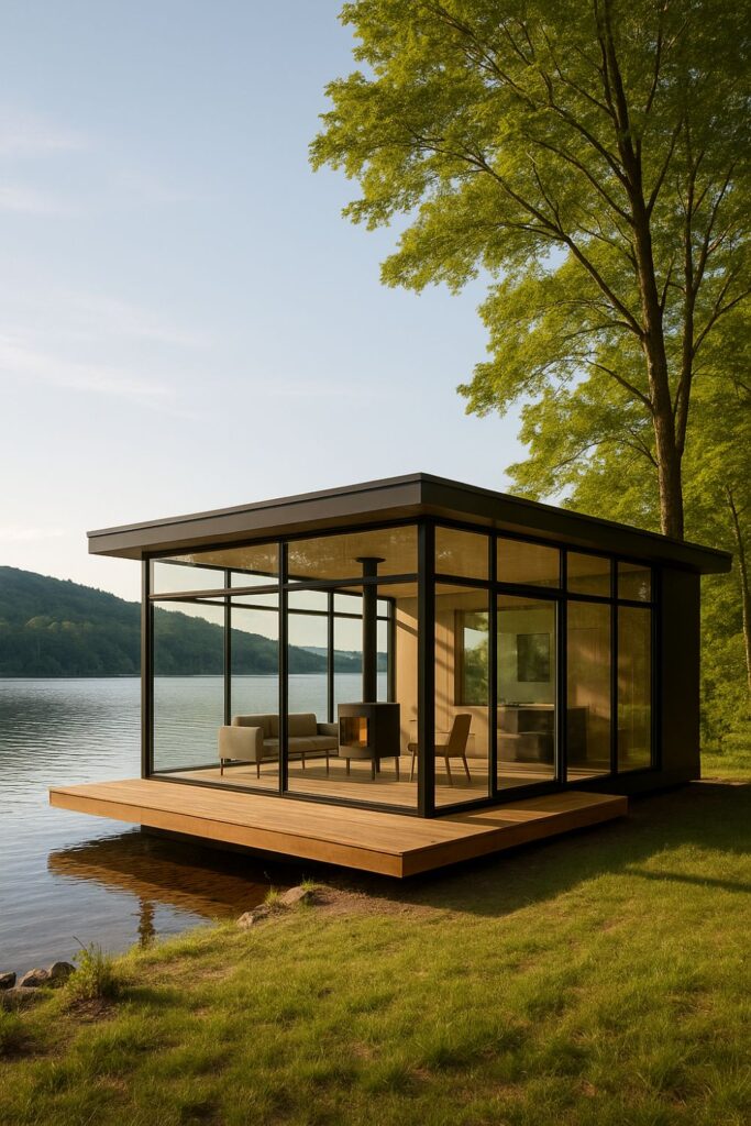 A modern glass pavilion with slim black steel framing sits at the lake’s edge, surrounded by greenery, with a wood stove and minimalist interior visible through floor-to-ceiling windows.