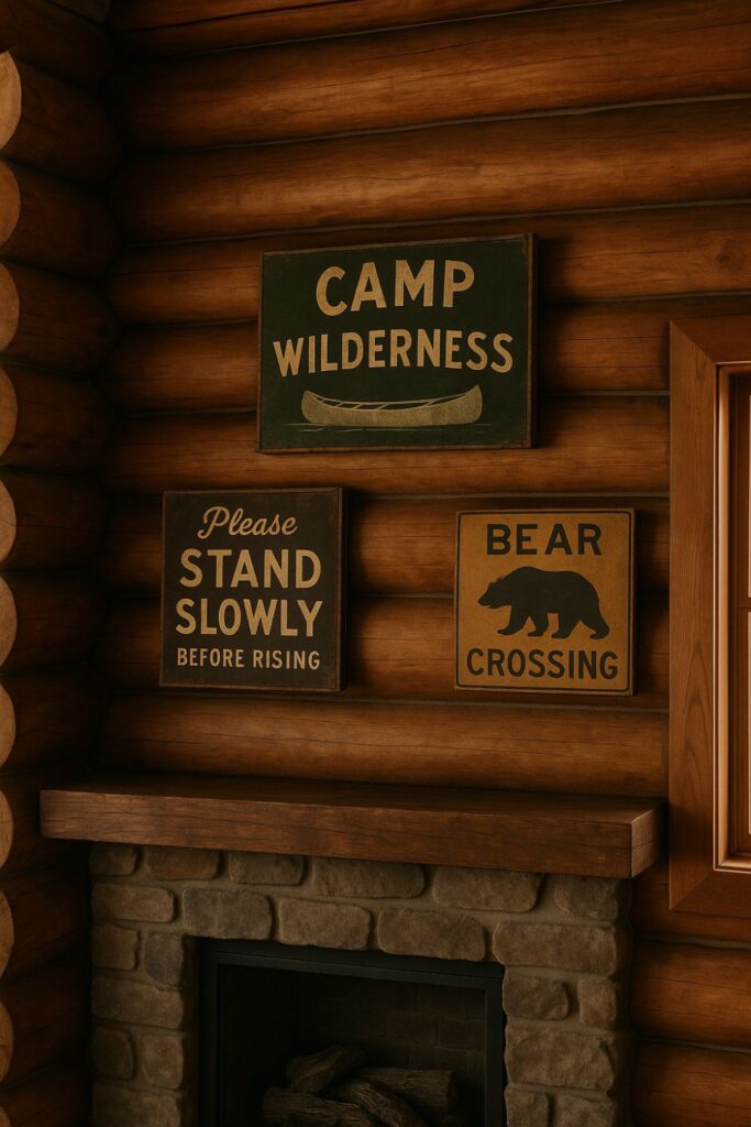 Rustic log cabin wall with three vintage wooden signs hanging above a shelf, adding humour and patina, softly lit by daylight.