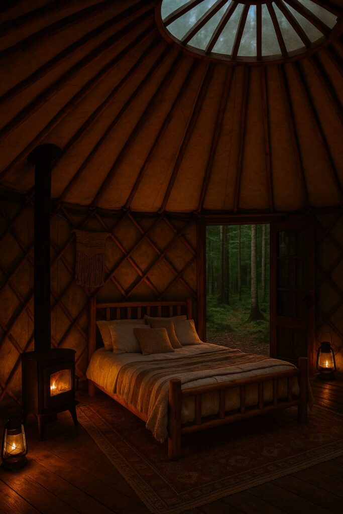 The interior of a traditional yurt glamping setup in the woods, featuring felt walls, a wood-framed bed, natural textiles, and a central stove. A cosy and grounded circular retreat.