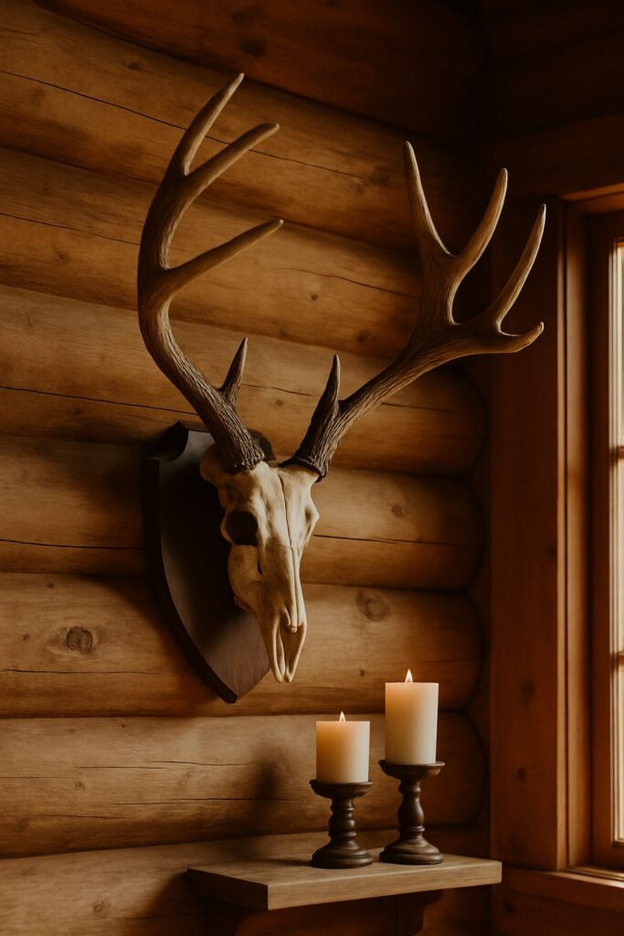 Rustic log cabin wall with mounted deer antlers above timber beams, sculptural and natural, illuminated by daylight.