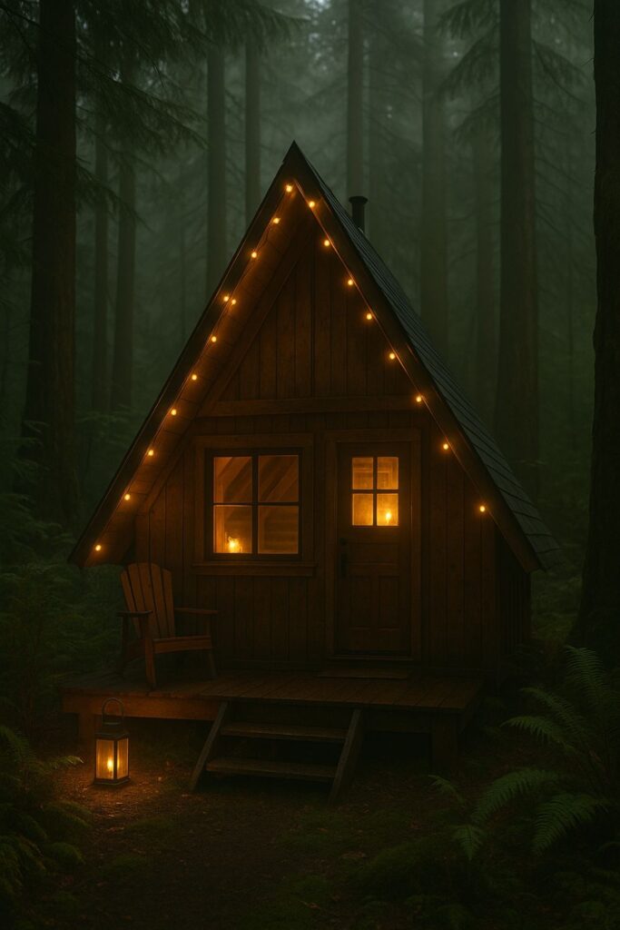 A wooden A-frame cabin with twinkling lights, nestled in a dense forest. A small porch and triangular roof give it a fairytale feel.