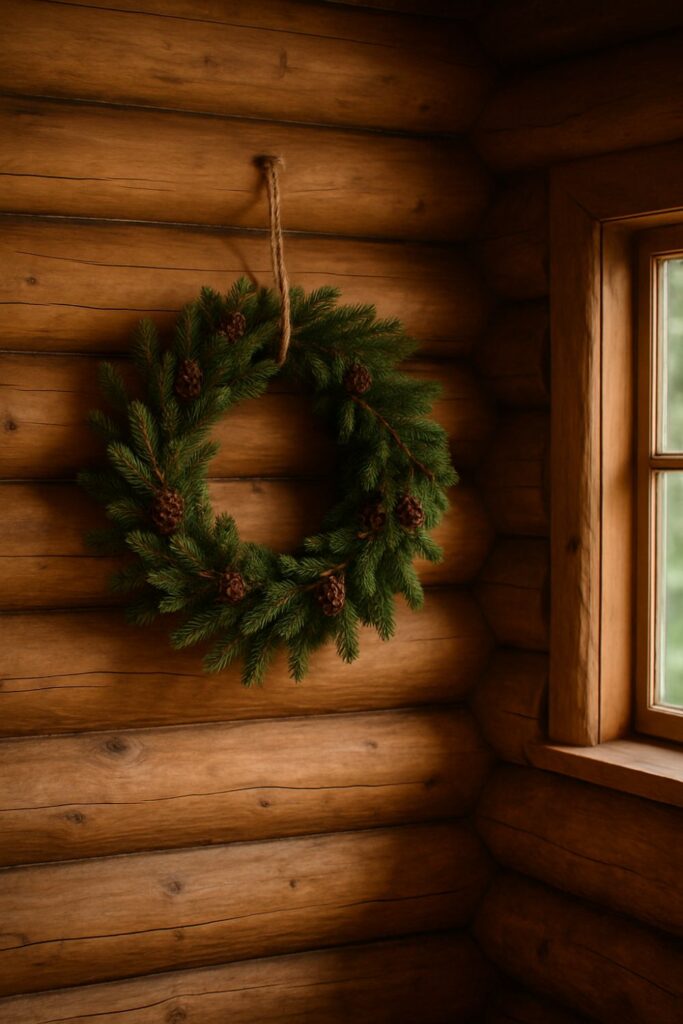 Rustic log cabin interior with a seasonal wreath of evergreen boughs hanging on a log wall by a window, lit by daylight.