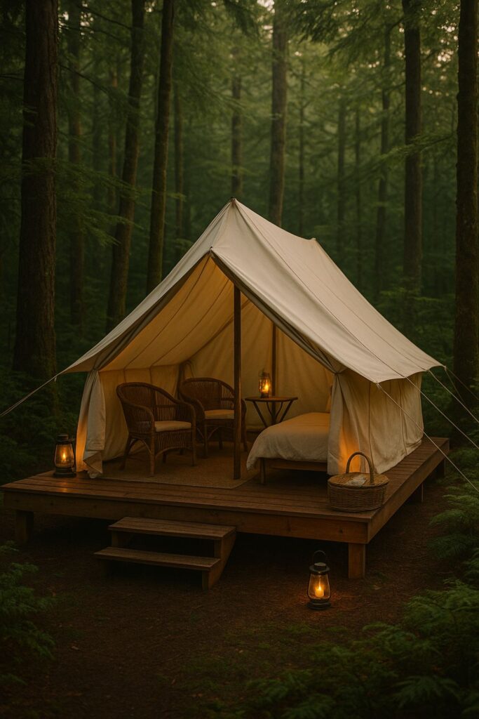 A glamping tent with canvas canopy sits on an elevated wooden deck in the woods, with lanterns and rustic chairs on the platform.