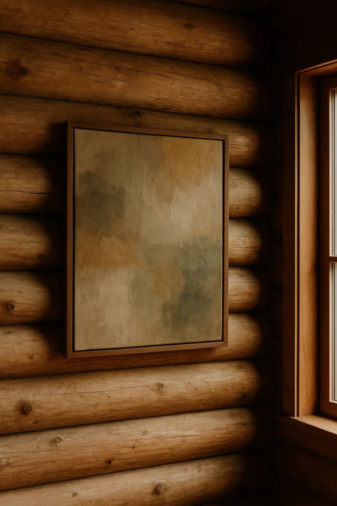 Rustic log cabin wall with a large textured canvas in muted earth tones—stone grey, moss green, clay brown—daylight atmosphere.