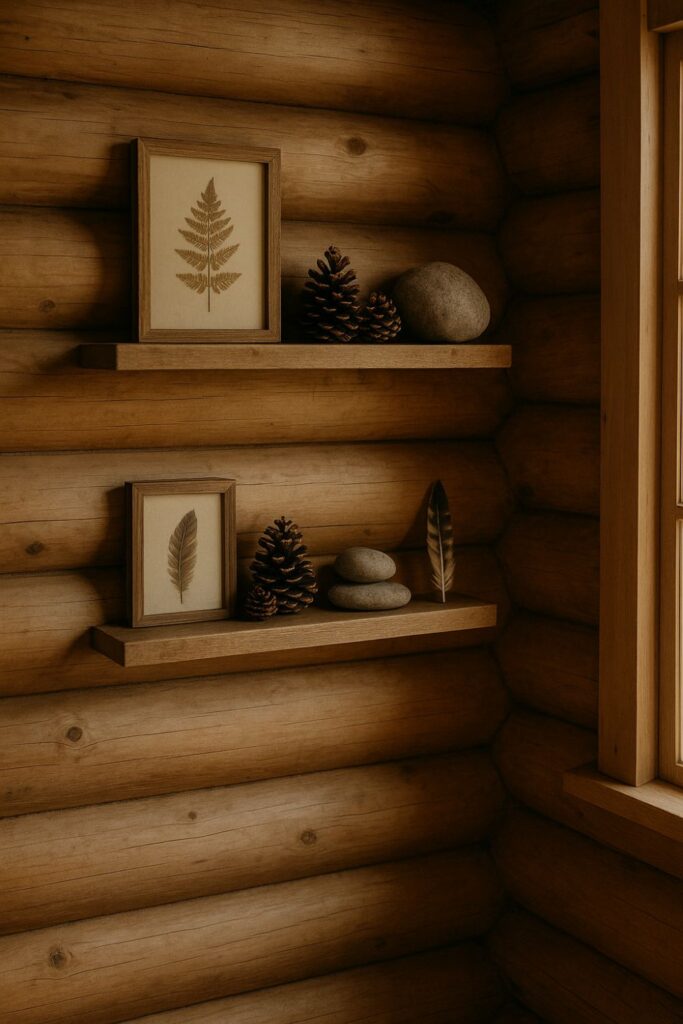 Rustic log cabin wall with wooden shelves displaying pinecones, feathers, stones, and small framed prints, softly lit by daylight.