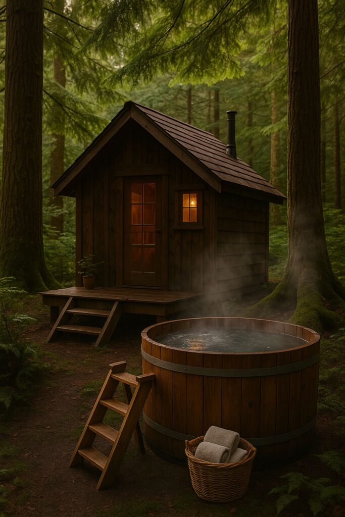 A small wooden cabin in the forest with a cedar hot tub steaming outside, surrounded by trees and rustic accessories.