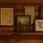 Rustic log cabin wall with honey-toned timber, decorated with framed botanical print, antique map, mountain landscape painting, deer sketch, woven macramé, mirror, pinecone bowl, and seasonal wreath on a wooden shelf.