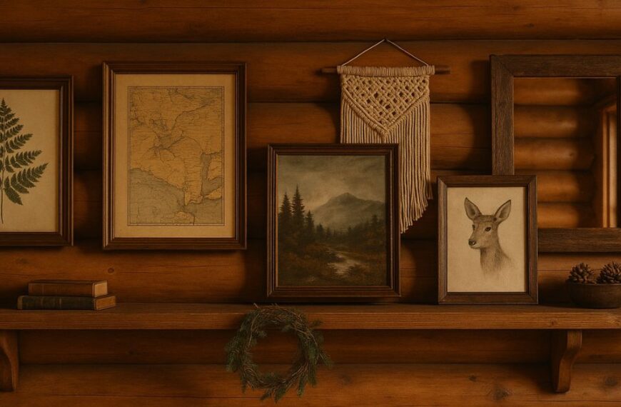 Rustic log cabin wall with honey-toned timber, decorated with framed botanical print, antique map, mountain landscape painting, deer sketch, woven macramé, mirror, pinecone bowl, and seasonal wreath on a wooden shelf.