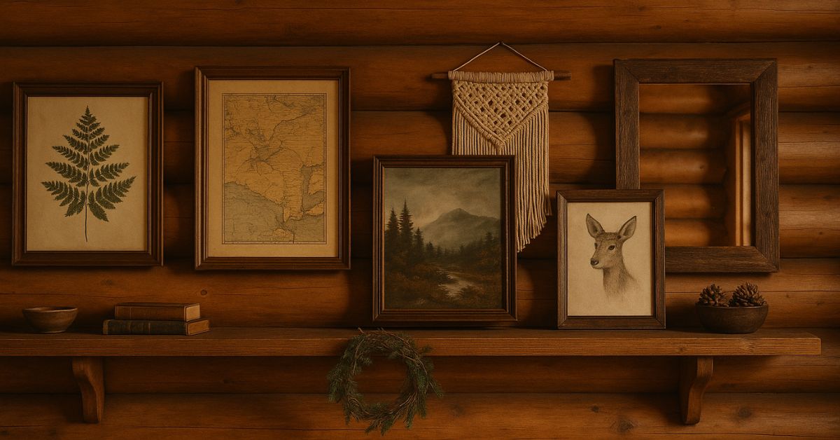 Rustic log cabin wall with honey-toned timber, decorated with framed botanical print, antique map, mountain landscape painting, deer sketch, woven macramé, mirror, pinecone bowl, and seasonal wreath on a wooden shelf.