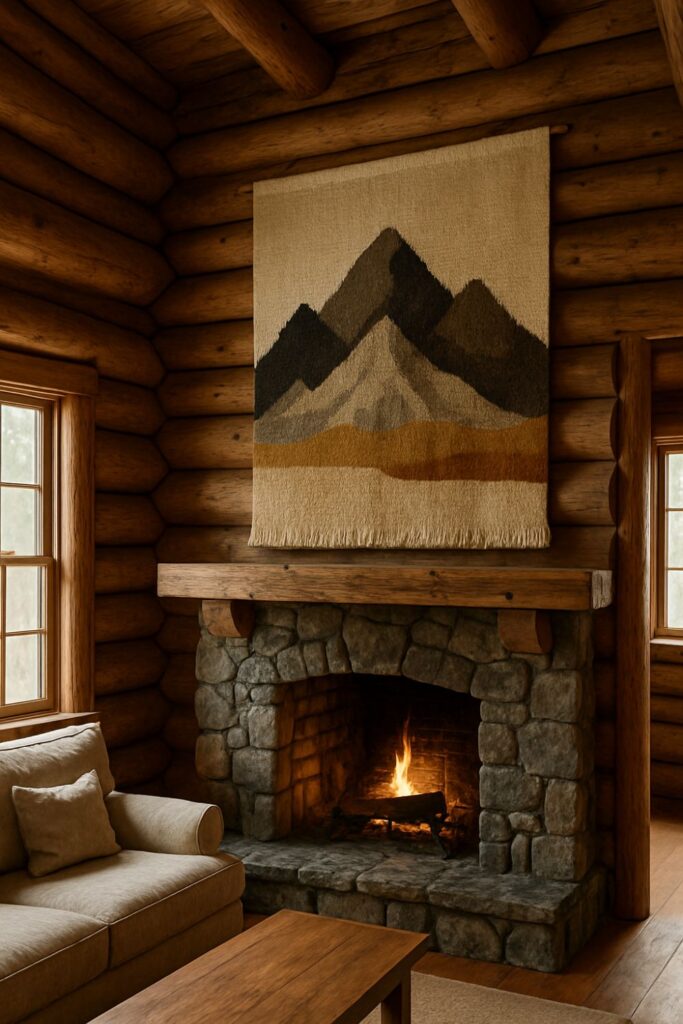 Rustic log cabin interior with a large woollen tapestry featuring mountain motifs, hanging above a stone fireplace, softly lit by daylight.