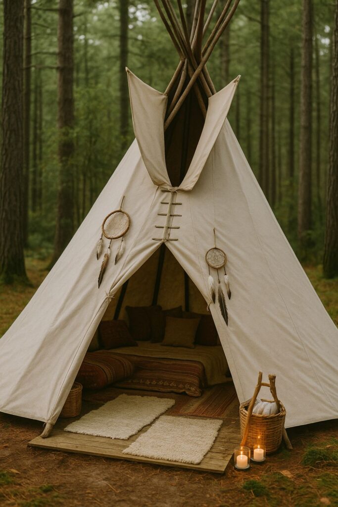 A traditional tipi glamping setup in the forest with dreamcatchers, feathers, and woollen floor mats creating a peaceful atmosphere.