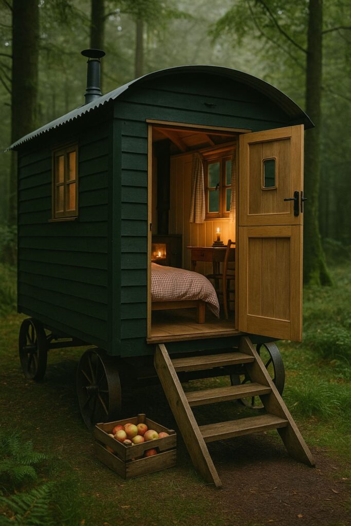 A rustic shepherd’s hut with wheels, set in the woods, with a wood-burning stove and gingham bedding inside.