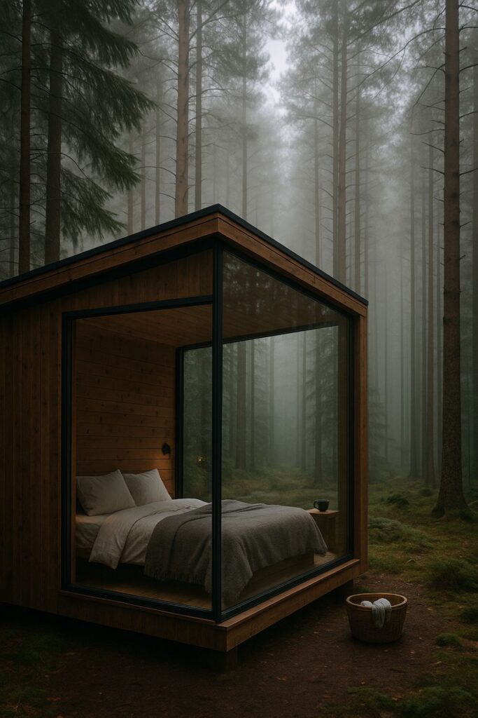 A modern cabin with a glass wall facing a misty forest, offering cosy views of trees and fog from inside.