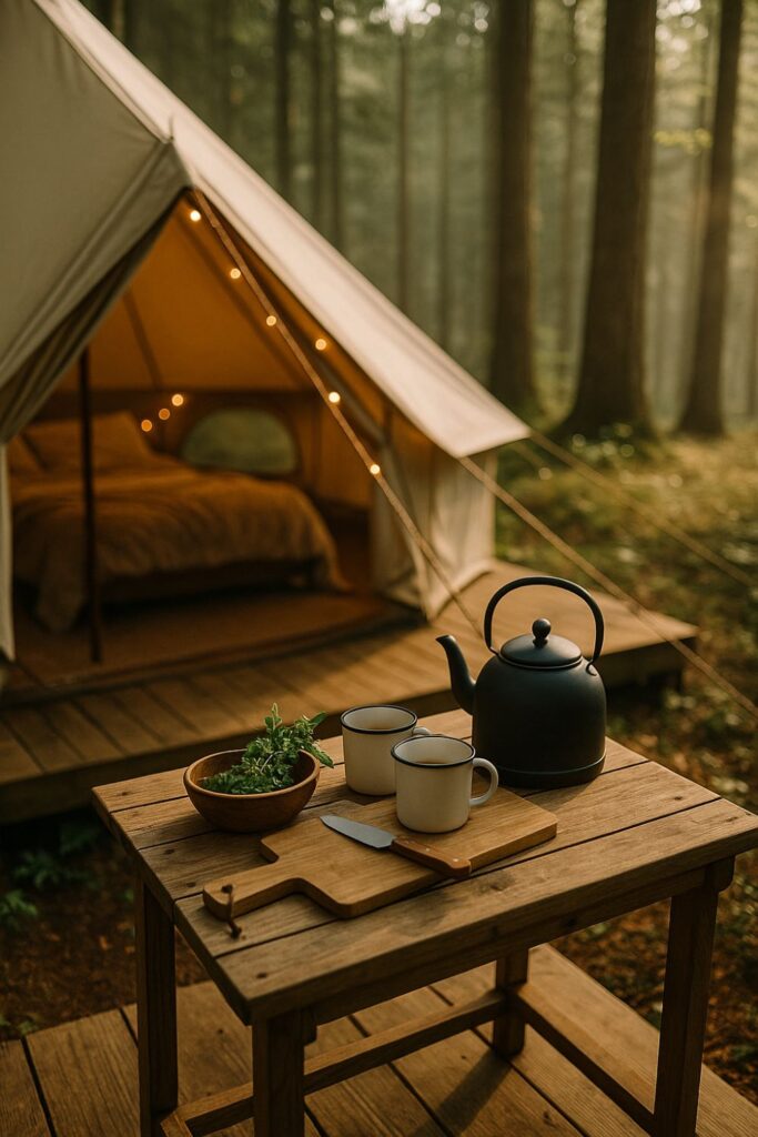 A glamping tent with a small wooden deck, an enamel kettle, mugs, and chopping board set up for a peaceful morning in nature.