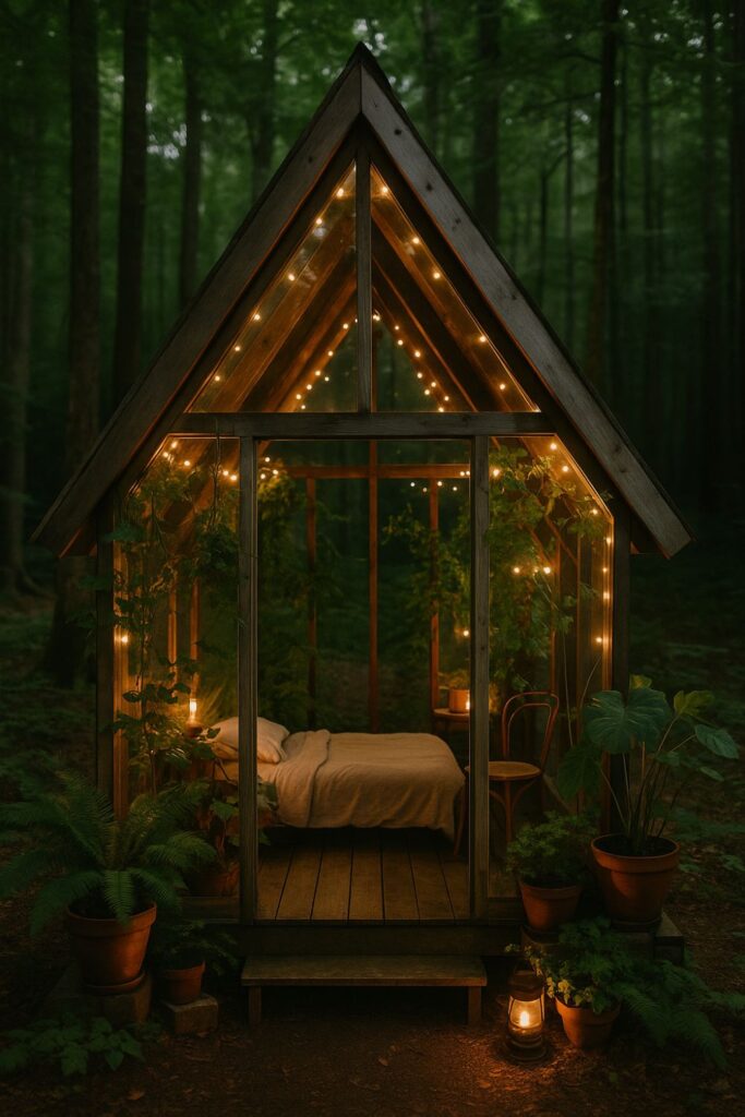 An A-frame greenhouse glamping hut filled with houseplants and vines, glowing with soft light among the trees.