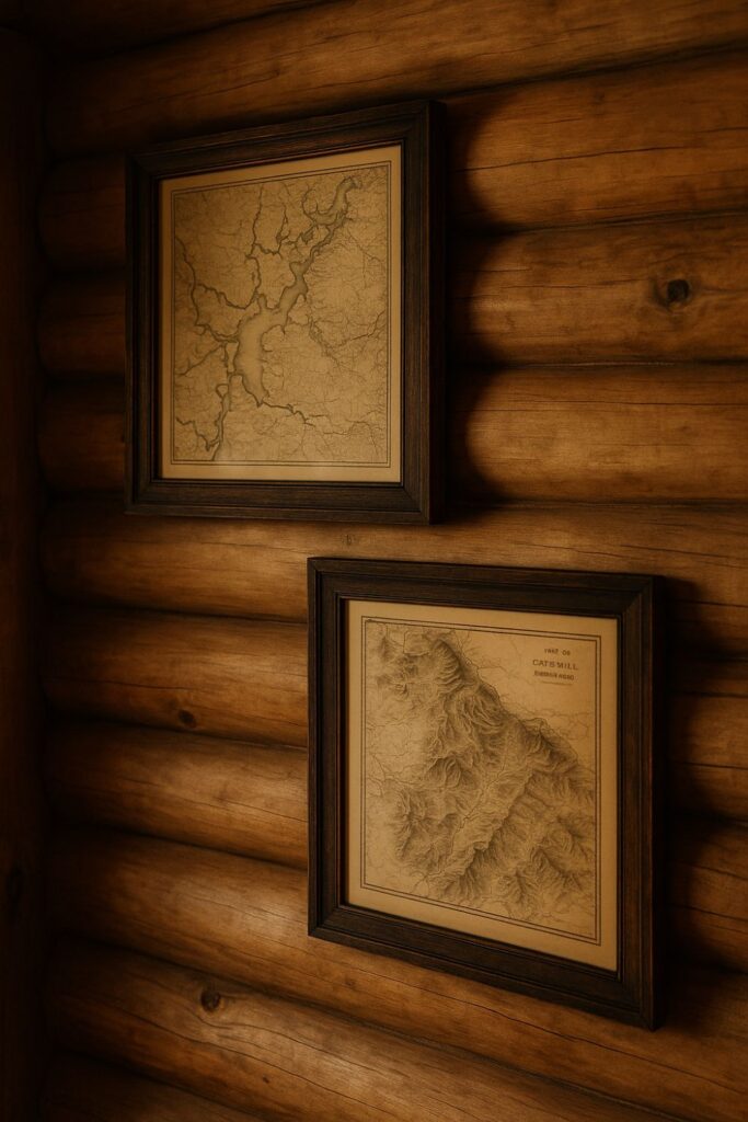 Rustic log cabin wall with two framed antique maps in muted tones, mounted on natural timber walls, softly lit by daylight.