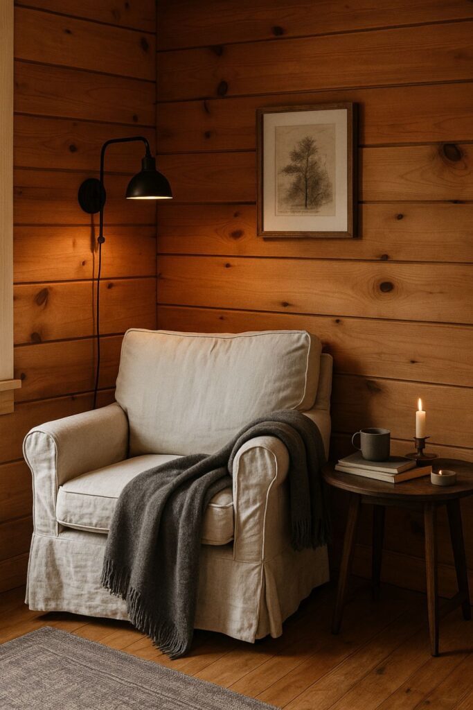 “A rustic cabin reading corner with knotty pine walls, a linen slipcovered armchair, a charcoal grey throw, a black iron wall sconce, and books on a small table.”
