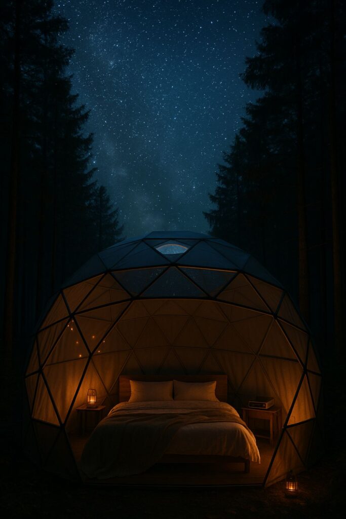 A geodesic dome glamping structure in a woodland clearing. Transparent panels reveal the forest outside, with a bed and soft furnishings inside. The scene is peaceful, modern, and surrounded by trees.