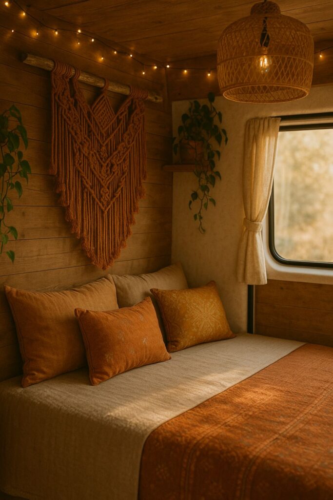 A camper van interior with a large rust-coloured macramé wall hanging above a bed layered in earthy linens and cushions, framed by trailing plants, warm wood walls, and soft sunlight filtering through a window.
