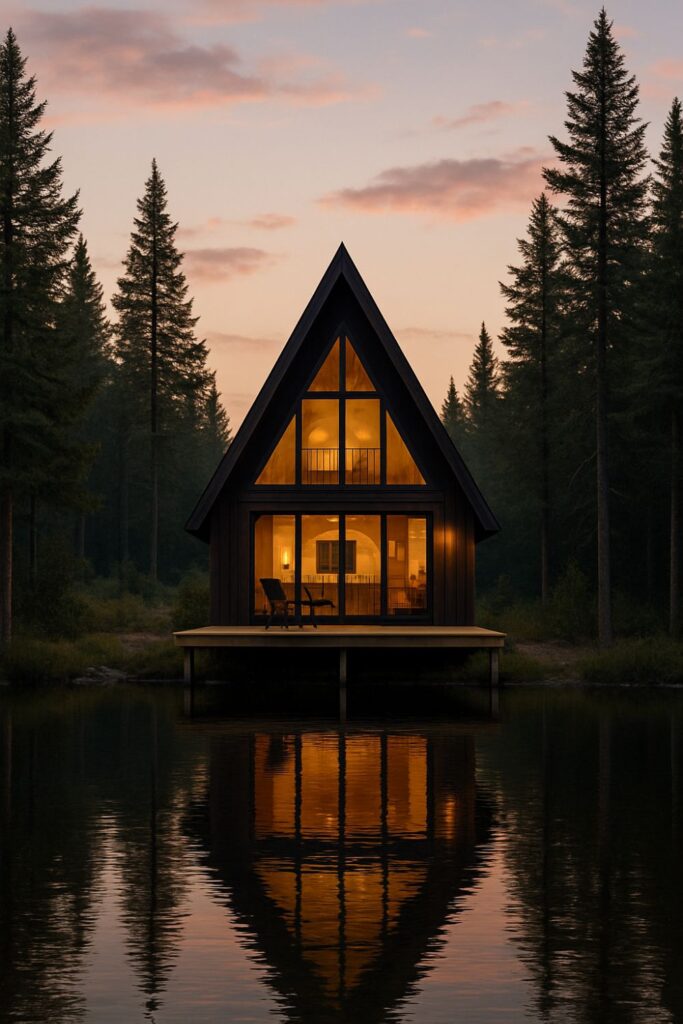 An A-frame cabin with large triangular windows glows warmly at dusk, reflecting on a calm lake, surrounded by tall pine trees under a pastel evening sky.