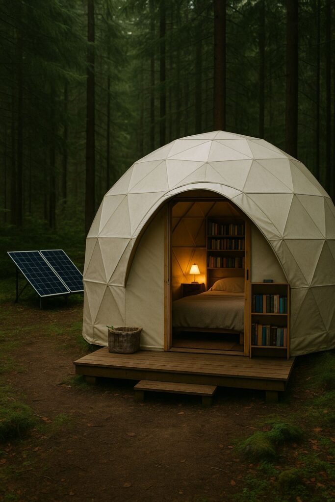 A white geodesic glamping dome with solar panels in a forest clearing, surrounded by trees and stocked with books and cosy blankets.