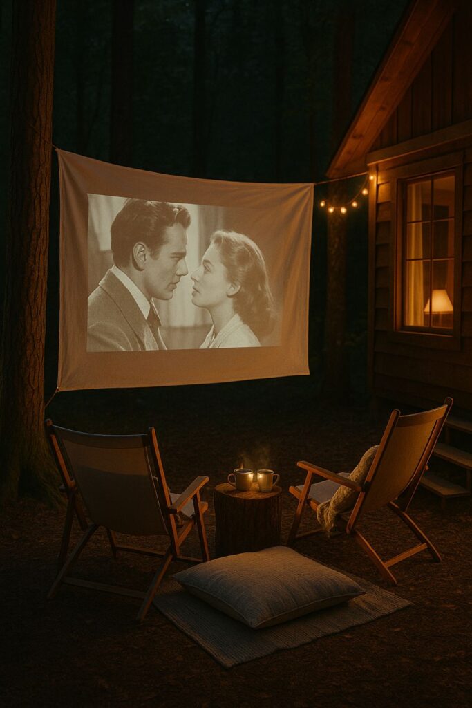 A cabin in the woods with an outdoor cinema screen made from a white sheet strung between trees. Camping chairs, cushions, and mugs of hot chocolate are arranged for viewing. The scene is softly lit with string lights and surrounded by trees, perfect for a movie night under the stars.