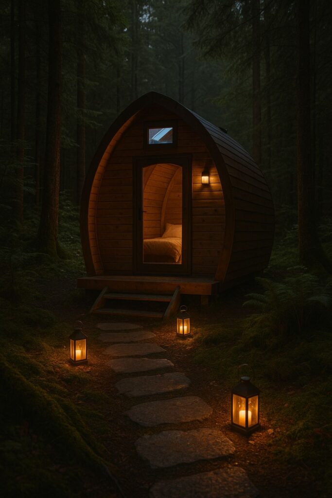 A curved wooden glamping pod with a skylight, set in a forest clearing. A lantern-lit path leads to the front door, and the pod is surrounded by tall trees and moss. The warm glow and curved design make it feel like a private, magical retreat.
