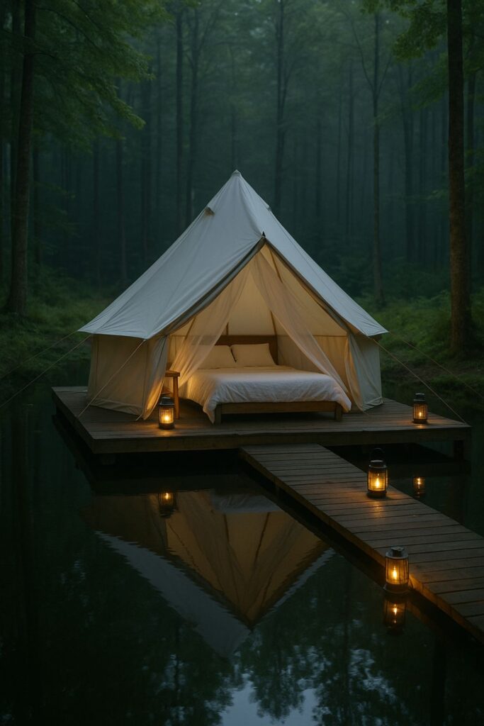 A glamping tent with a netted canopy sits on a floating deck over a forest pond. Lanterns line the edges, and the scene is surrounded by tall trees and still water. A peaceful, dreamlike glamping escape in nature.