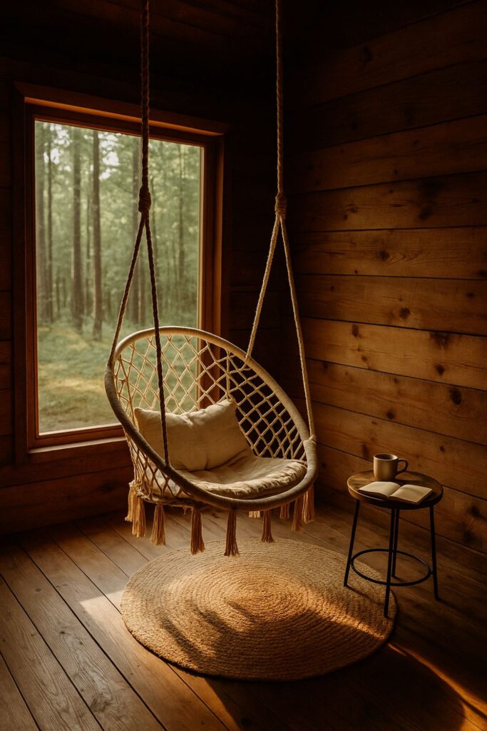 A wooden forest cabin interior with a rope swing hanging near a sunlit window. A jute rug, small tea table, and journal create a cosy and whimsical nook for glamping relaxation and reflection.