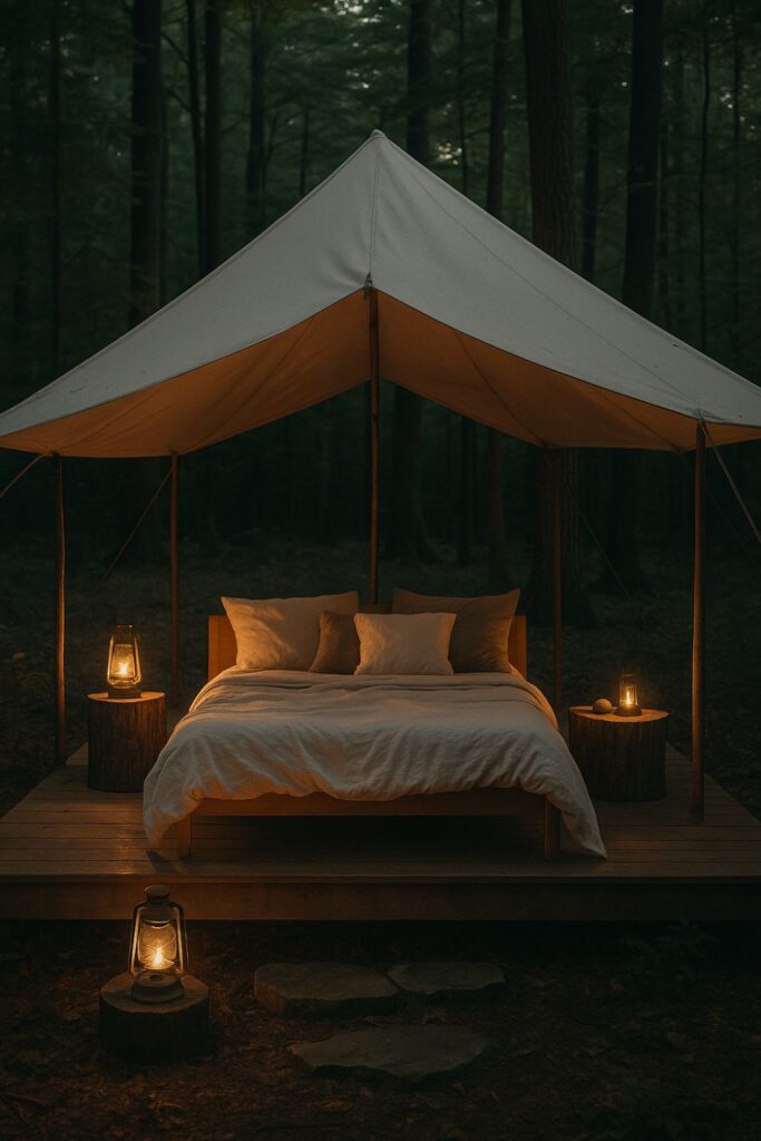 A canvas pavilion glamping setup in a woodland setting with a daybed draped in soft linens. Tree-stump tables and ambient lighting create a serene, open-air retreat perfect for slow mornings and long evenings.
