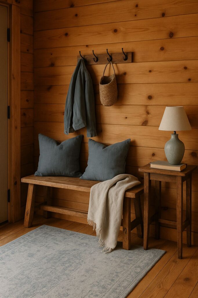 “A rustic cabin entryway with knotty pine walls, a stonewashed rug, a pine bench with dusty blue cushions and a pale stone throw, and a ceramic lamp on a side table.”
