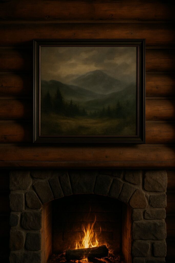 Rustic log cabin with a large landscape oil painting above a stone fireplace, painted in muted greens and ochres, lit by daylight.